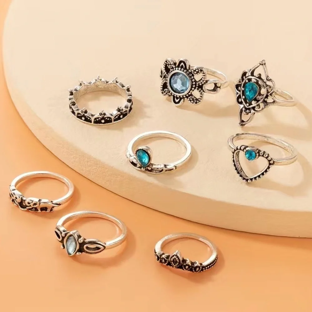 Vintage Boho Heart Flower Blue Gemstone Ring Set 8pc